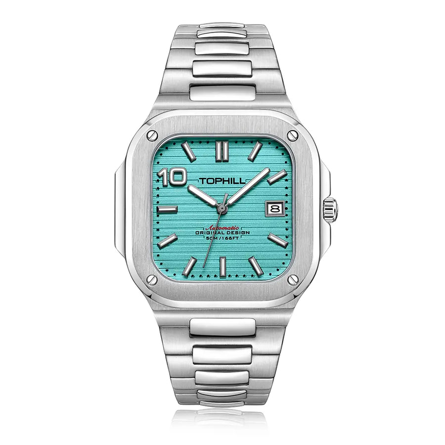 TOPHILL Men's Square Automatic Watch - 39mm 316L Steel Case & Bracelet, Date Window, Sapphire Glass, 5ATM Water Resistant, Butterfly Clasp, TW089G tophillwatch.com