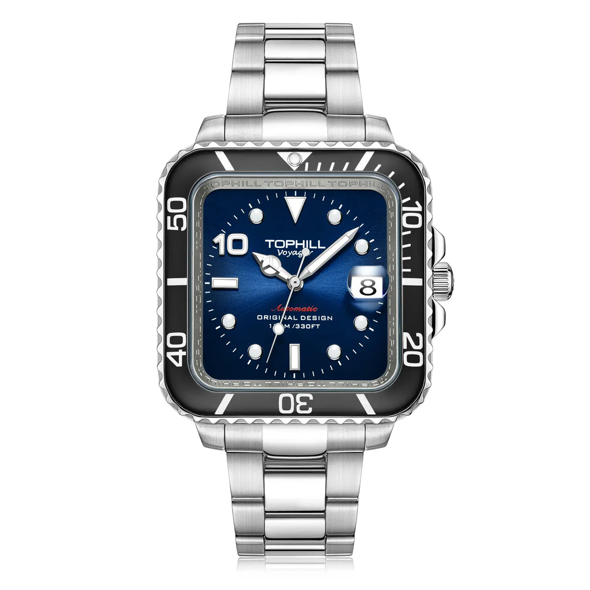 TOPHILL Men's Square Automatic Diver - 39mm 316L Steel, 10ATM/100M Water Resistant, Unidirectional Bezel, Date Window, Sapphire Glass, Turtle Safety Clasp, Original Design tophillwatch.com