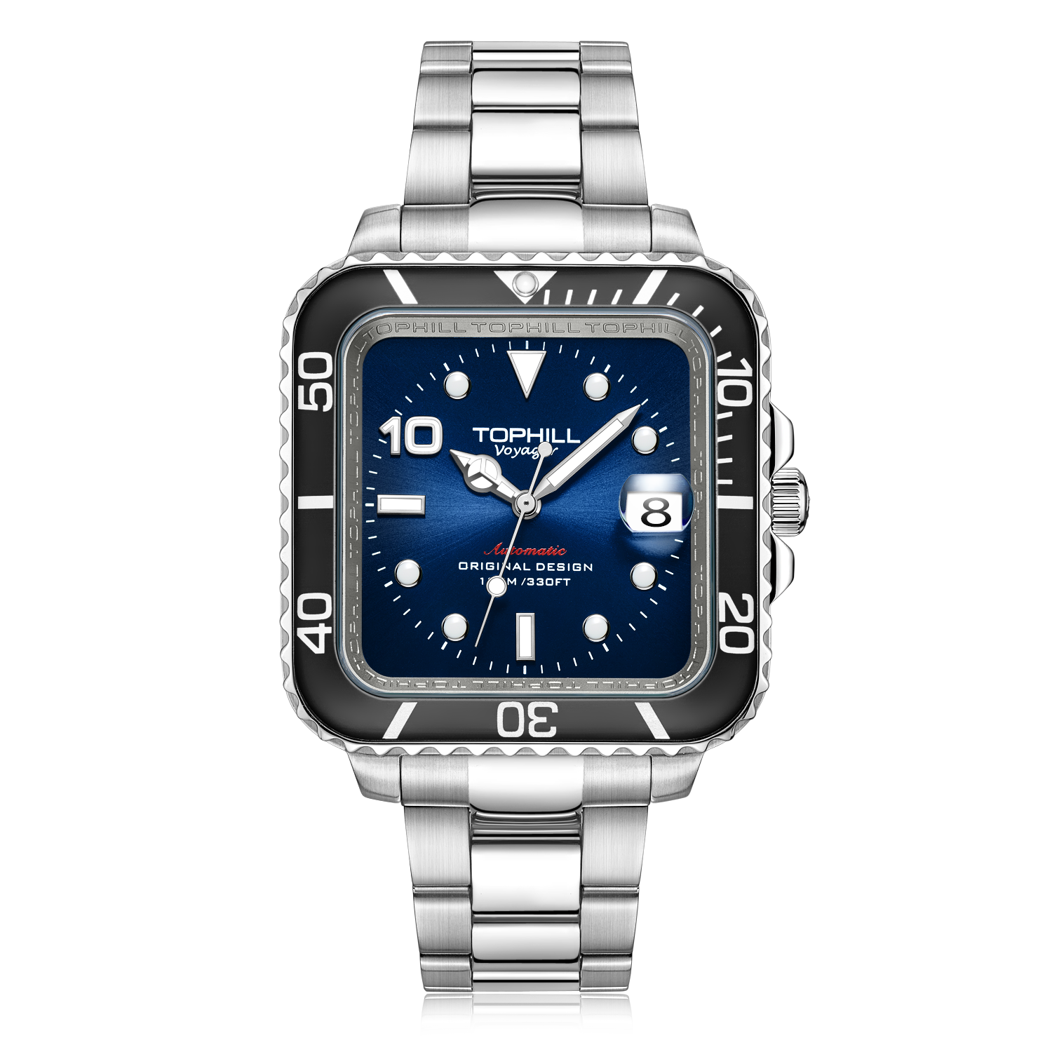 TOPHILL Men's Square Automatic Diver - 39mm 316L Steel, 10ATM/100M Water Resistant, Unidirectional Bezel, Date Window, Sapphire Glass, Turtle Safety Clasp, Original Design tophillwatch.com