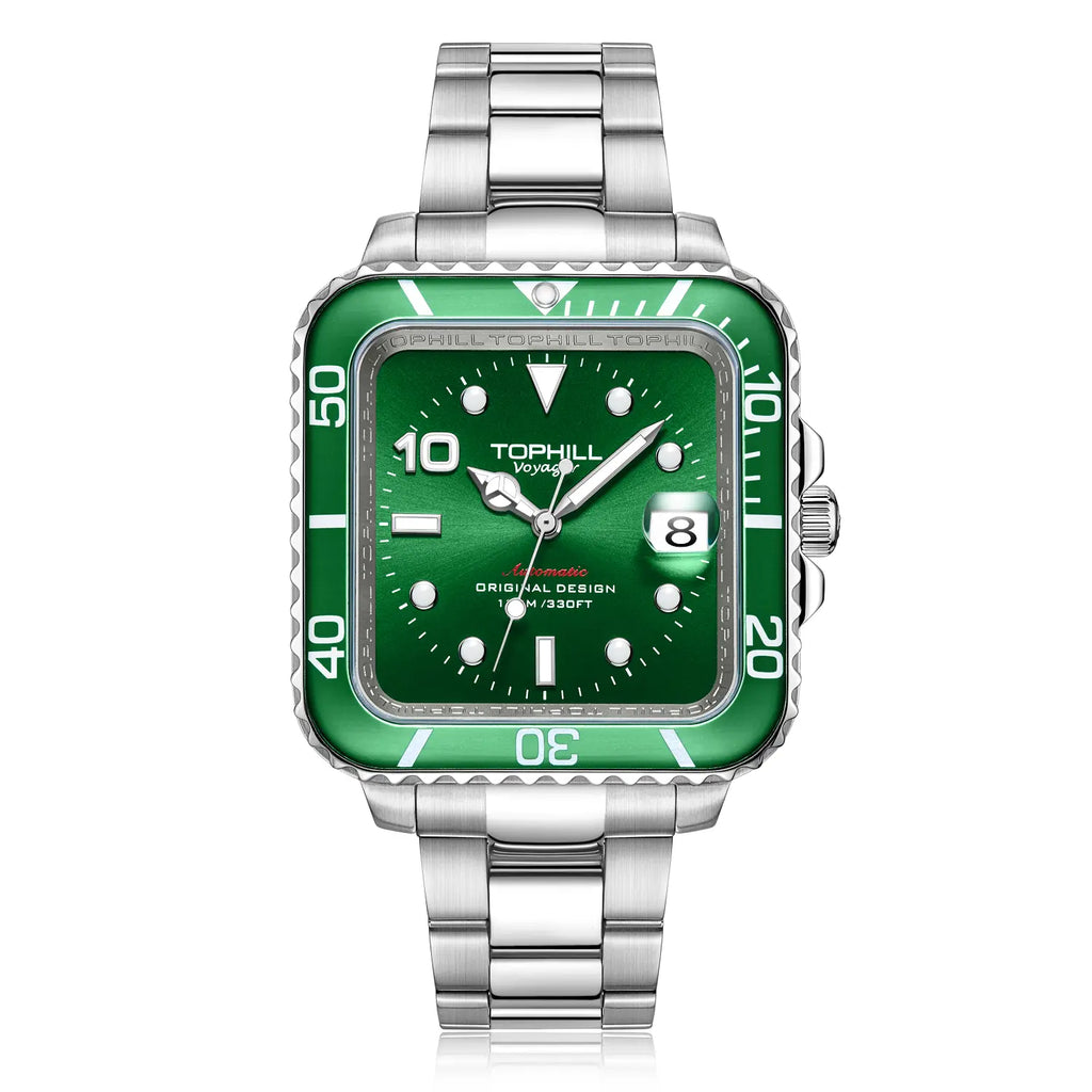 TOPHILL Men's Square Automatic Diver - 39mm 316L Steel, 10ATM/100M Water Resistant, Unidirectional Bezel, Date Window, Sapphire Glass, Turtle Safety Clasp, Original Design tophillwatch.com