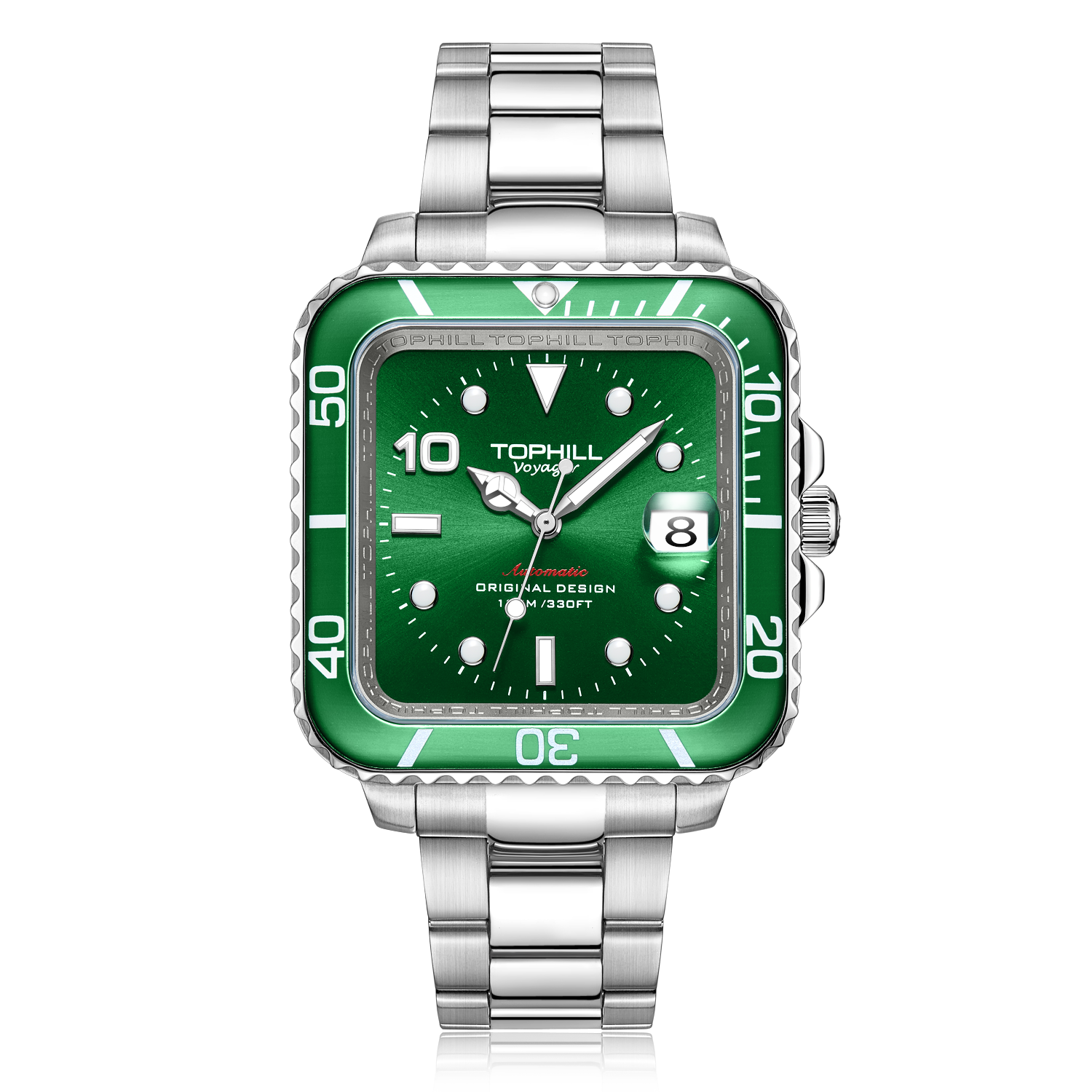 TOPHILL Men's Square Automatic Diver - 39mm 316L Steel, 10ATM/100M Water Resistant, Unidirectional Bezel, Date Window, Sapphire Glass, Turtle Safety Clasp, Original Design tophillwatch.com