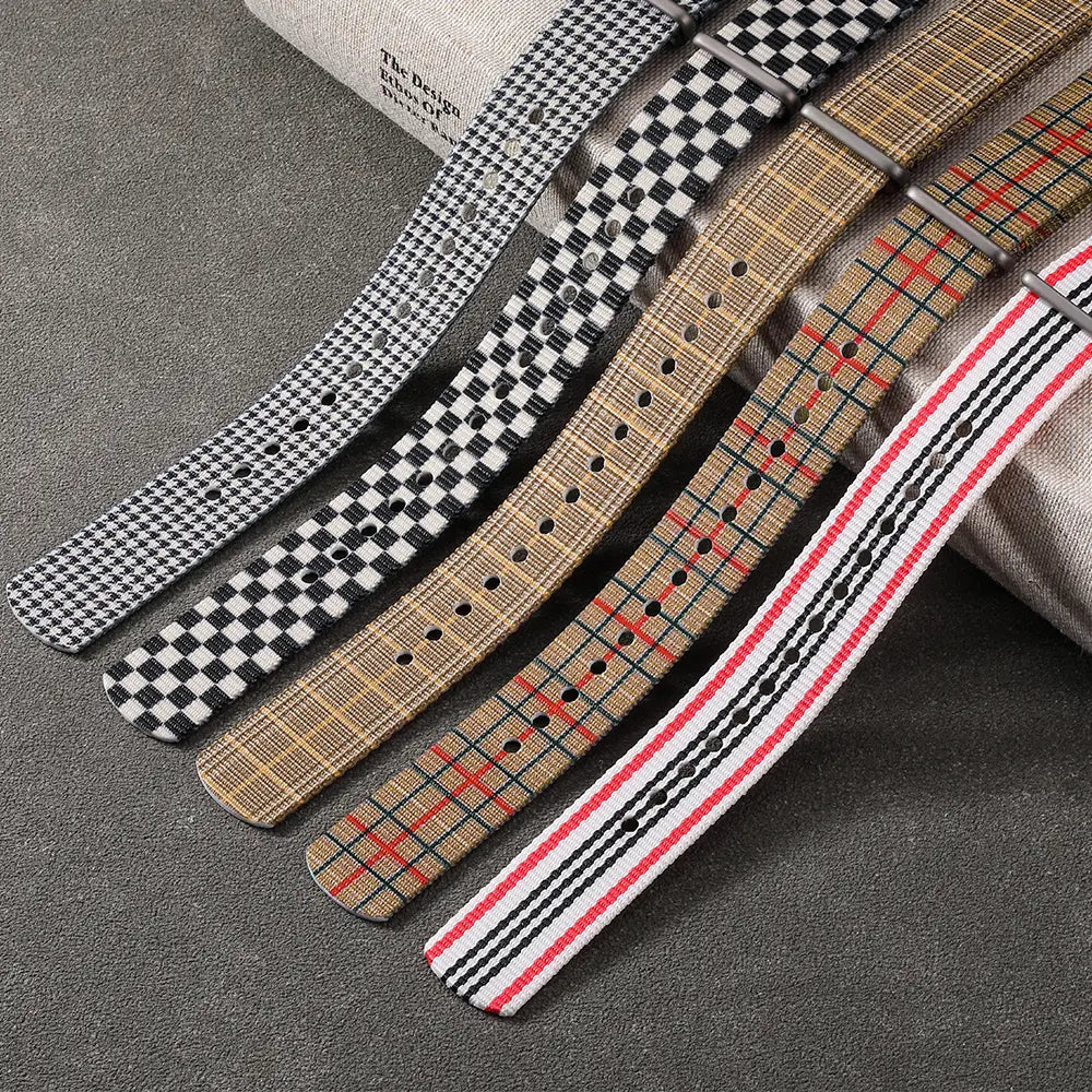 TOPHILL 20mm One-Piece Nylon Strap For Watch Classic Vintage Plaid Check Stripe Pattern Sandblasted Titanium Pin Buckle Unisex tophillwatch.com