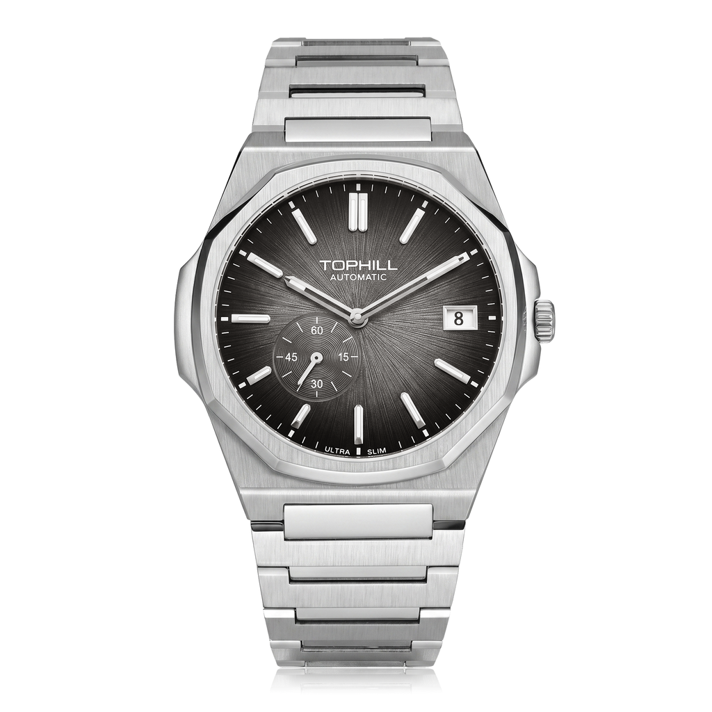 TOPHILL KIM Series Men's Automatic Watch 38.7mm Ultra-Slim 9mm Dress Watch Sunburst Dial Small Seconds Date Window Sapphire Crystal 5ATM Waterproof Stainless Steel Bracelet Mechanical Wristwatch Kim001 tophillwatch.com