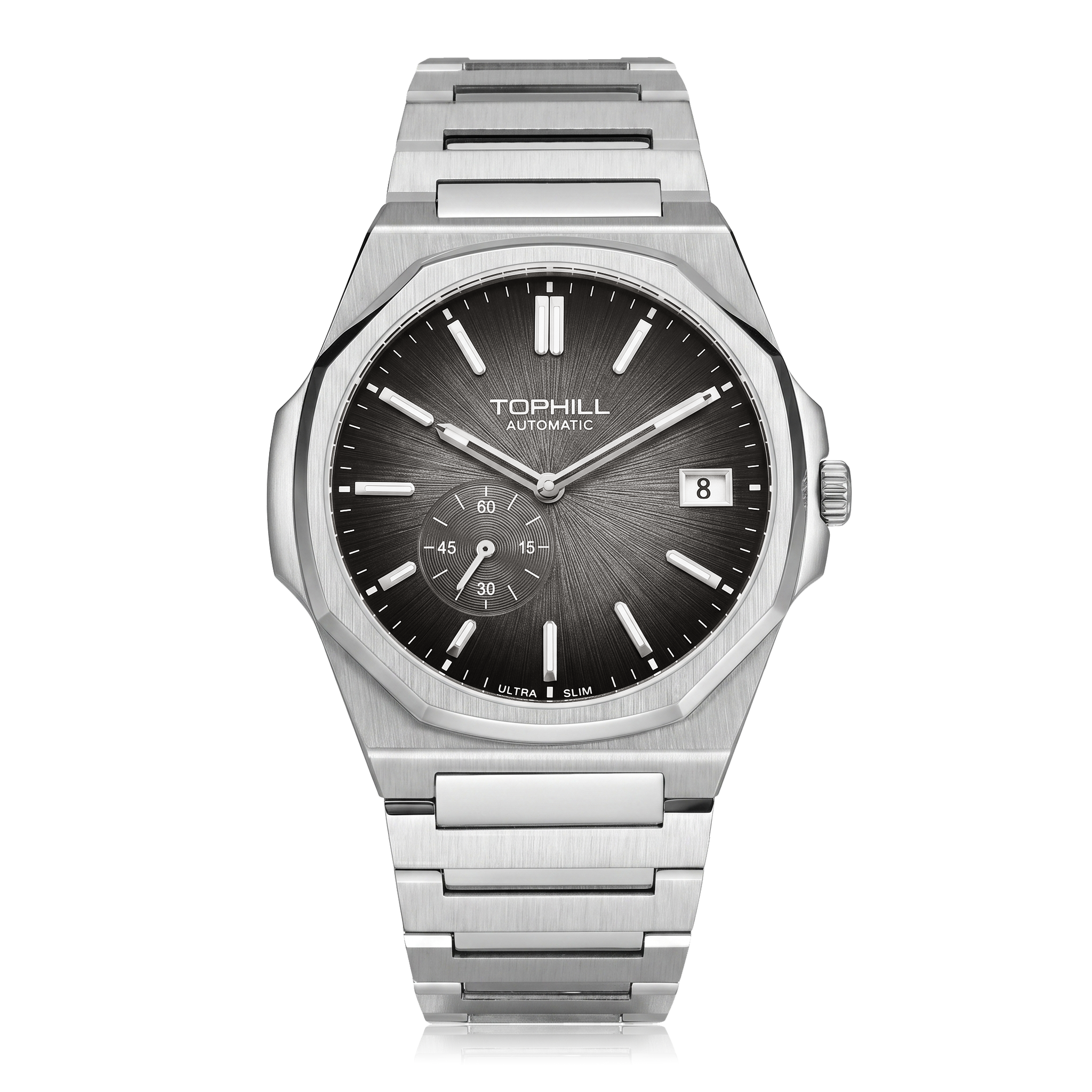 TOPHILL KIM Series Men's Automatic Watch 38.7mm Ultra-Slim 9mm Dress Watch Sunburst Dial Small Seconds Date Window Sapphire Crystal 5ATM Waterproof Stainless Steel Bracelet Mechanical Wristwatch Kim001 tophillwatch.com