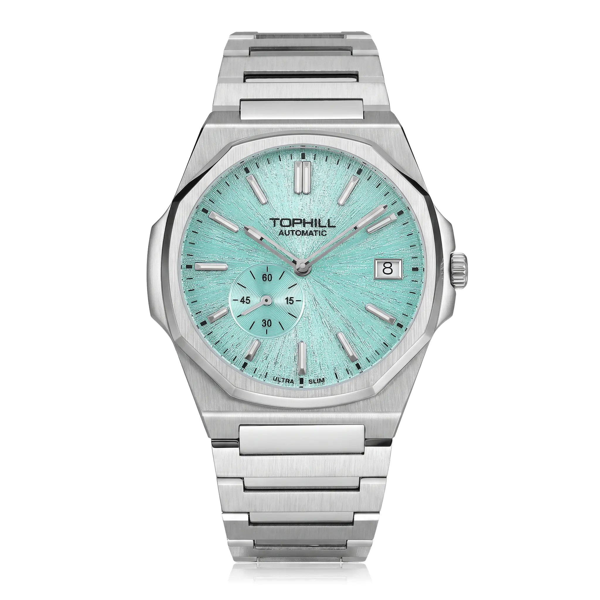 TOPHILL KIM Series Men's Automatic Watch 38.7mm Ultra-Slim 9mm Dress Watch Sunburst Dial Small Seconds Date Window Sapphire Crystal 5ATM Waterproof Stainless Steel Bracelet Mechanical Wristwatch Kim001 tophillwatch.com