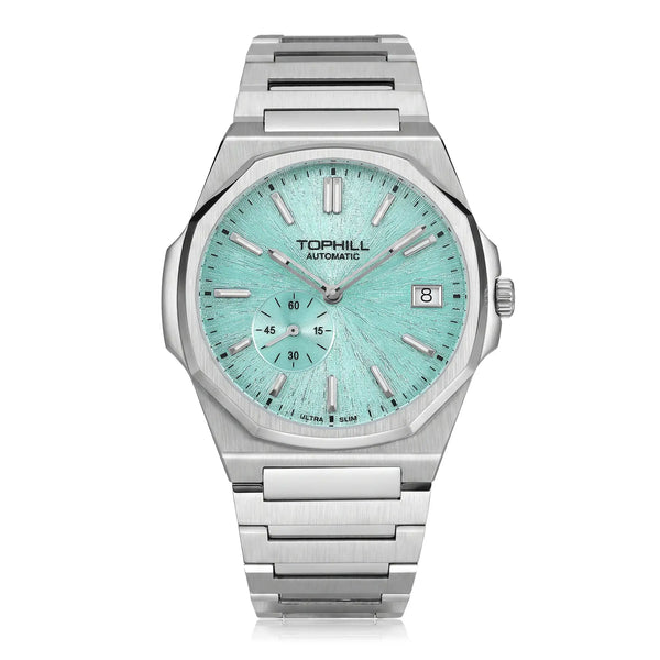 TOPHILL KIM Series Men's Automatic Watch 38.7mm Ultra-Slim 9mm Dress Watch Sunburst Dial Small Seconds Date Window Sapphire Crystal 5ATM Waterproof Stainless Steel Bracelet Mechanical Wristwatch Kim001 tophillwatch.com