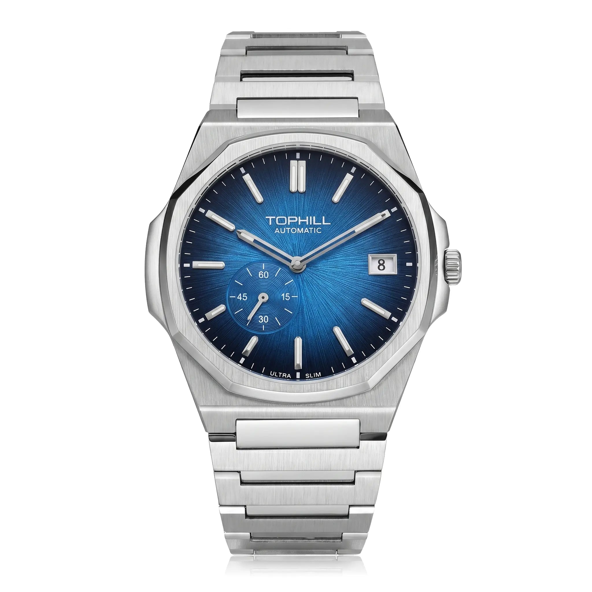 TOPHILL KIM Series Men's Automatic Watch 38.7mm Ultra-Slim 9mm Dress Watch Sunburst Dial Small Seconds Date Window Sapphire Crystal 5ATM Waterproof Stainless Steel Bracelet Mechanical Wristwatch Kim001 tophillwatch.com