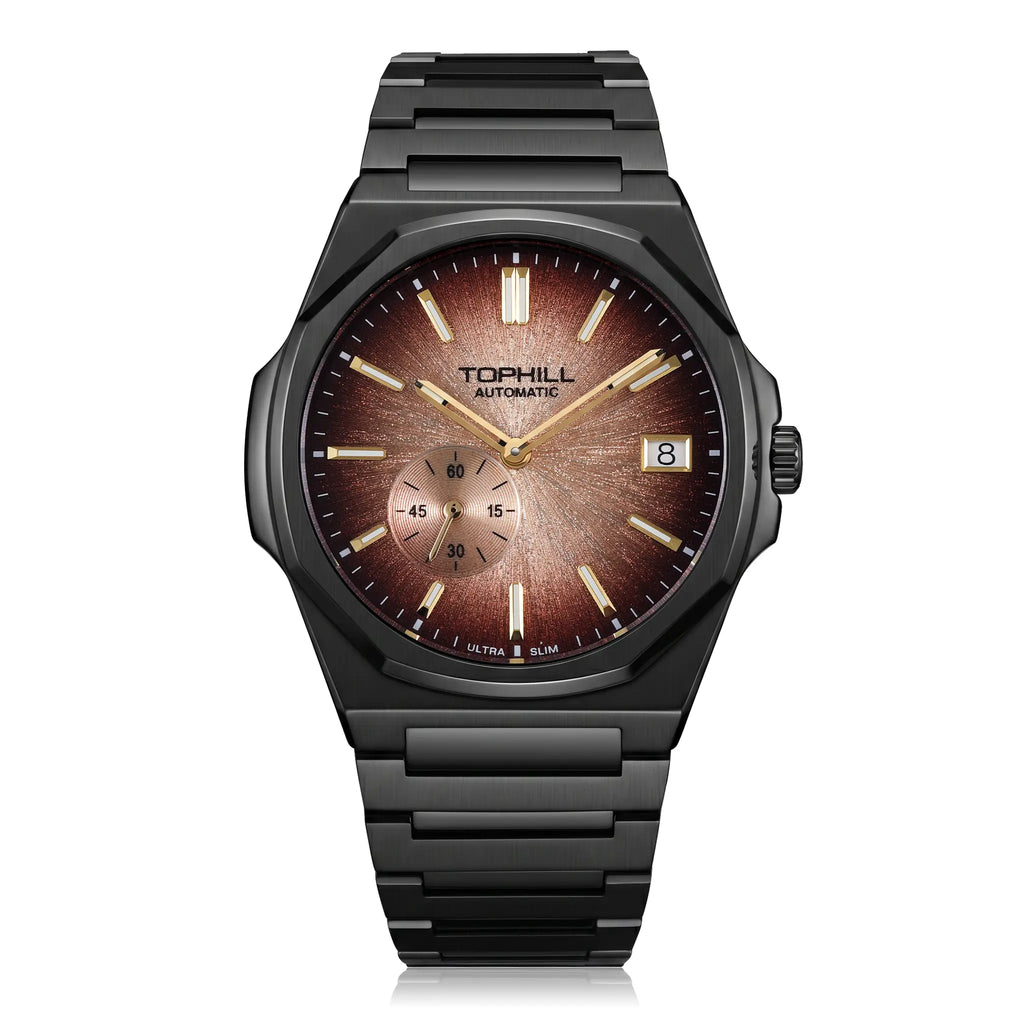 TOPHILL KIM Series Men's Automatic Watch 38.7mm Ultra-Slim 9mm Dress Watch Sunburst Dial Small Seconds Date Window Sapphire Crystal 5ATM Waterproof Stainless Steel Bracelet Mechanical Wristwatch Kim001 tophillwatch.com