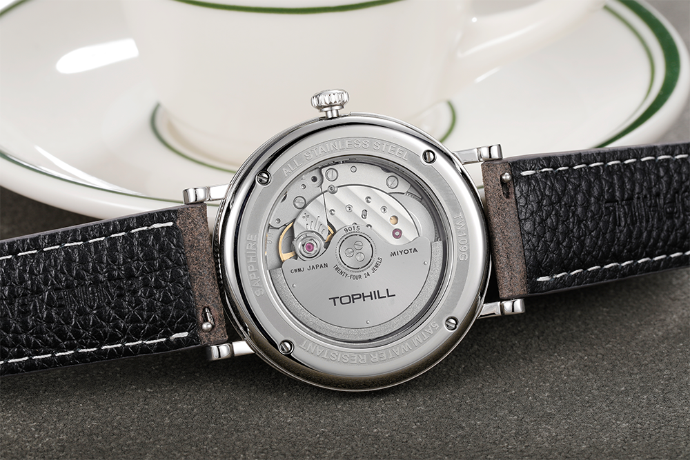 TOPHILL Men's Automatic Watch – Miyota 9015, Sapphire Crystal, 40mm 316L Stainless Steel Case, Genuine Leather Strap, 5ATM Waterproof | TW109G