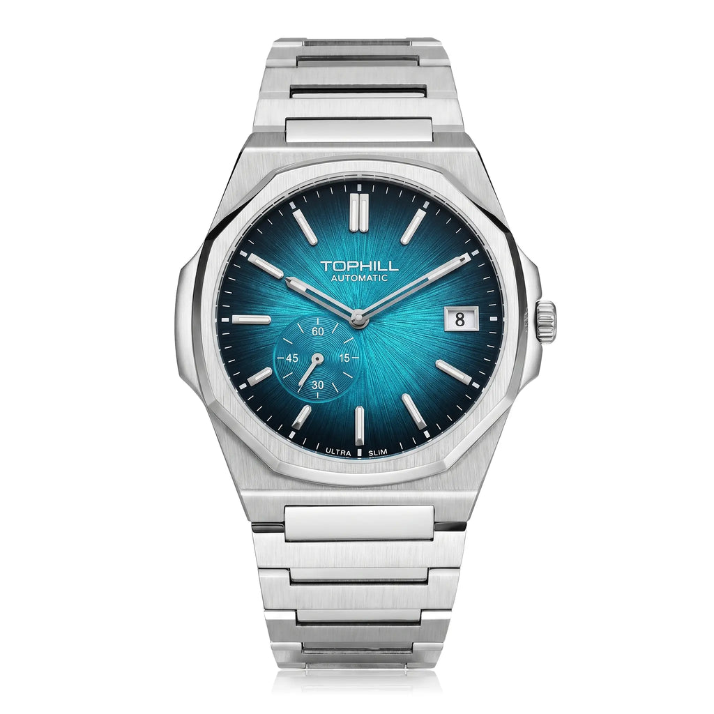TOPHILL KIM Series Men's Automatic Watch 38.7mm Ultra-Slim 9mm Dress Watch Sunburst Dial Small Seconds Date Window Sapphire Crystal 5ATM Waterproof Stainless Steel Bracelet Mechanical Wristwatch Kim001 tophillwatch.com