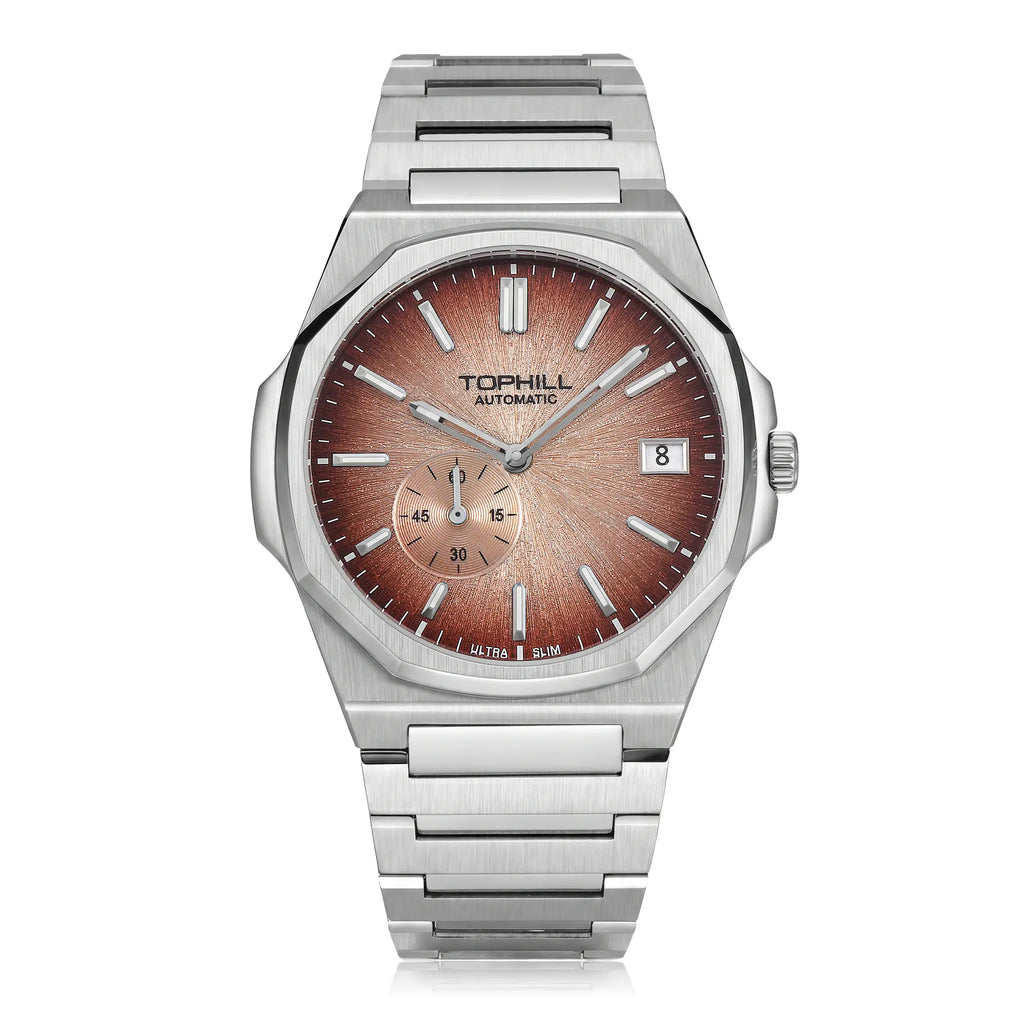TOPHILL KIM Series Men's Automatic Watch 38.7mm Ultra-Slim 9mm Dress Watch Sunburst Dial Small Seconds Date Window Sapphire Crystal 5ATM Waterproof Stainless Steel Bracelet Mechanical Wristwatch Kim001 tophillwatch.com
