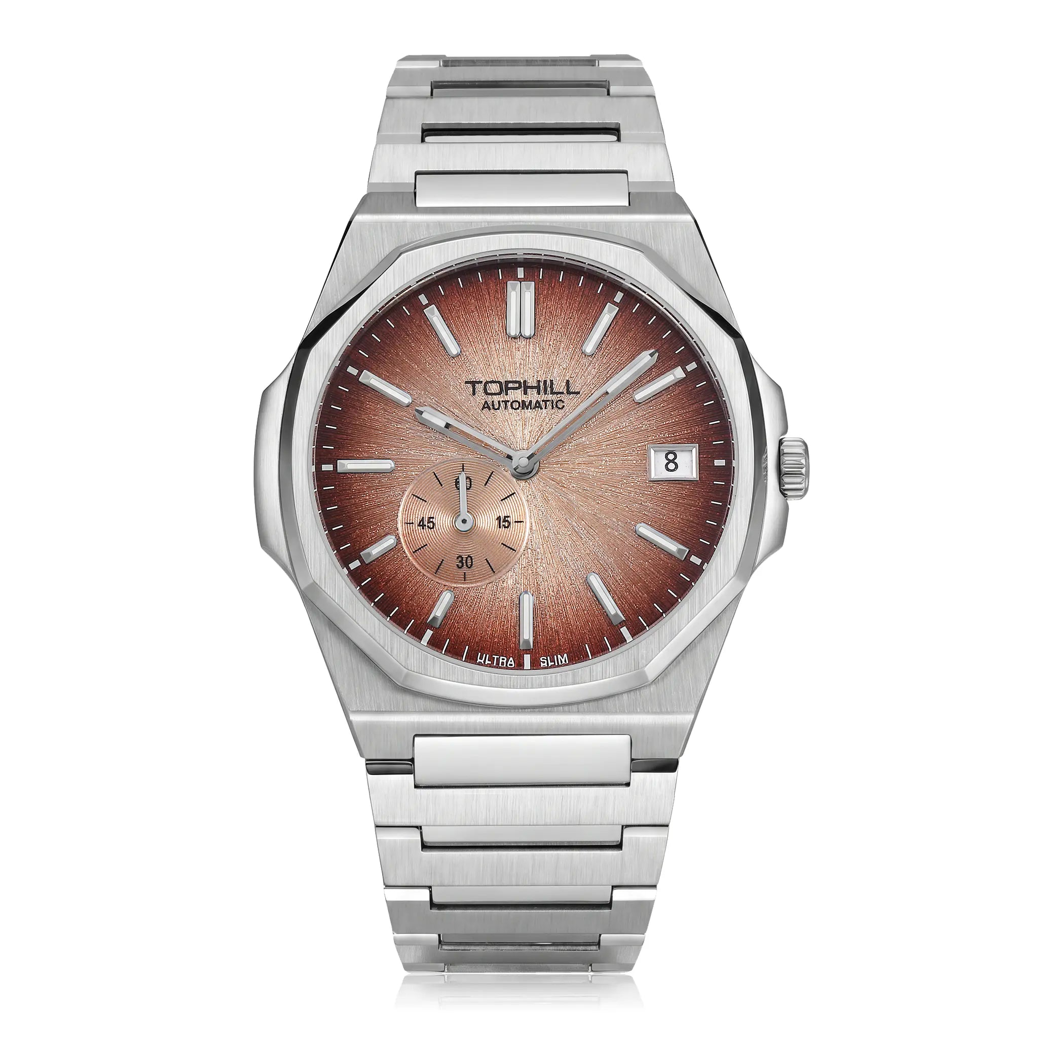 TOPHILL KIM Series Men's Automatic Watch 38.7mm Ultra-Slim 9mm Dress Watch Sunburst Dial Small Seconds Date Window Sapphire Crystal 5ATM Waterproof Stainless Steel Bracelet Mechanical Wristwatch Kim001 tophillwatch.com
