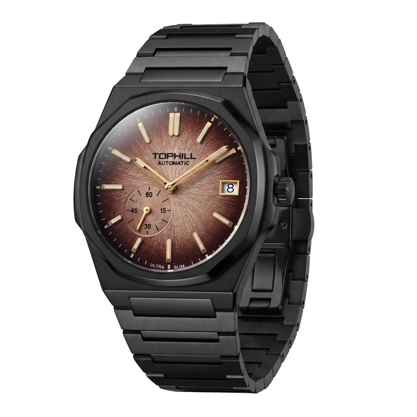 TOPHILL KIM Series Men's Automatic Watch 38.7mm Ultra-Slim 9mm Dress Watch Sunburst Dial Small Seconds Date Window Sapphire Crystal 5ATM Waterproof Stainless Steel Bracelet Mechanical Wristwatch Kim001 tophillwatch.com