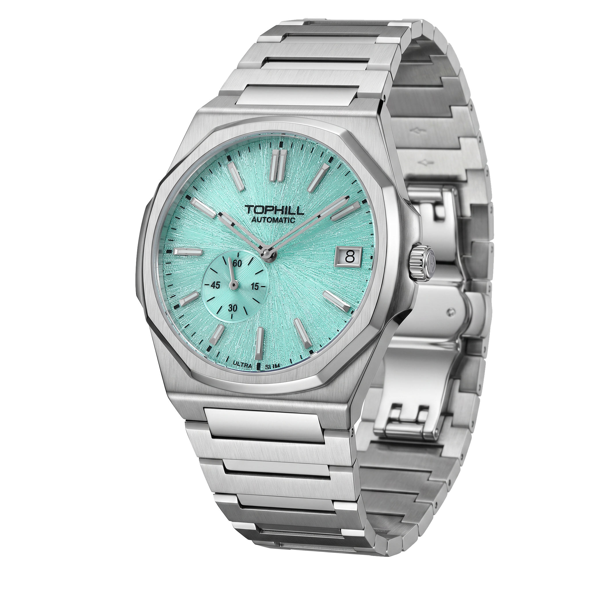 TOPHILL KIM Series Men's Automatic Watch 38.7mm Ultra-Slim 9mm Dress Watch Sunburst Dial Small Seconds Date Window Sapphire Crystal 5ATM Waterproof Stainless Steel Bracelet Mechanical Wristwatch Kim001 tophillwatch.com