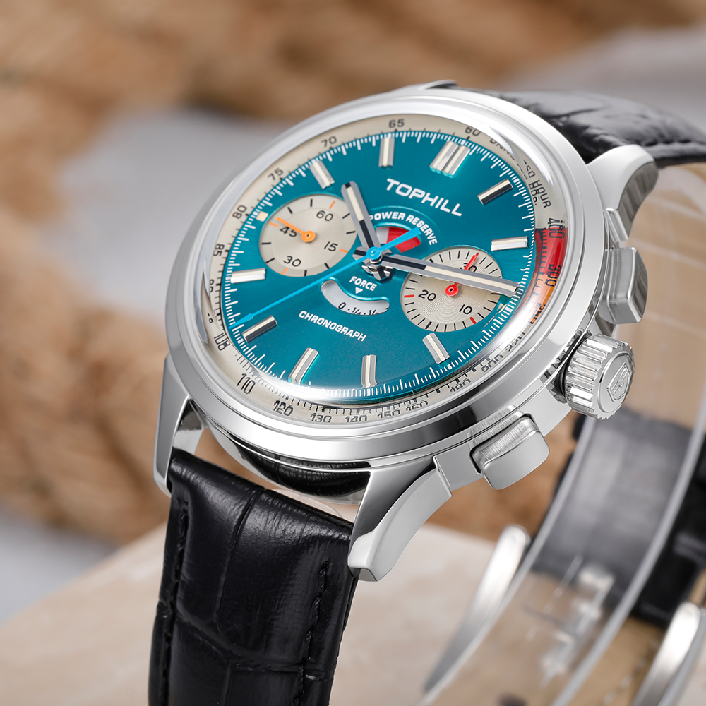 TOPHILL Men's Chronograph Watch Hand-Winding Mechanical Power Reserve Stainless Steel Case Genuine Dress Wristwatch Waterproof Kim003G
