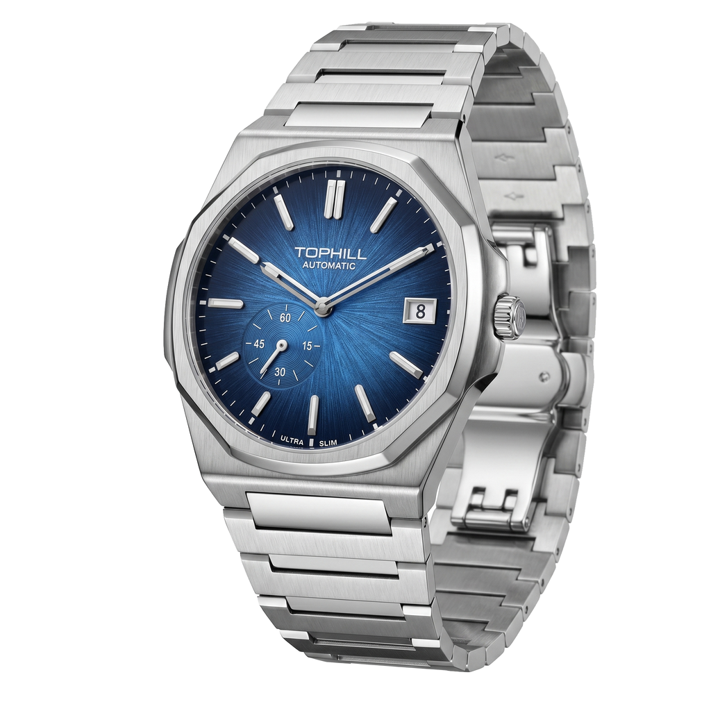 TOPHILL KIM Series Men's Automatic Watch 38.7mm Ultra-Slim 9mm Dress Watch Sunburst Dial Small Seconds Date Window Sapphire Crystal 5ATM Waterproof Stainless Steel Bracelet Mechanical Wristwatch Kim001 tophillwatch.com