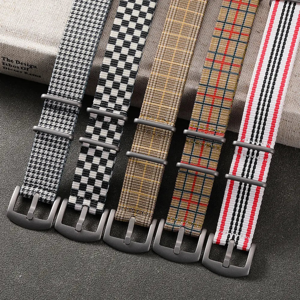 TOPHILL 20mm One-Piece Nylon Strap For Watch Classic Vintage Plaid Check Stripe Pattern Sandblasted Titanium Pin Buckle Unisex tophillwatch.com