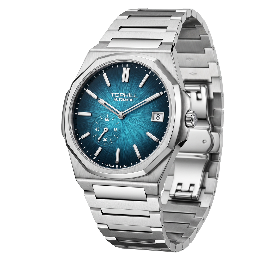TOPHILL KIM Series Men's Automatic Watch 38.7mm Ultra-Slim 9mm Dress Watch Sunburst Dial Small Seconds Date Window Sapphire Crystal 5ATM Waterproof Stainless Steel Bracelet Mechanical Wristwatch Kim001 tophillwatch.com