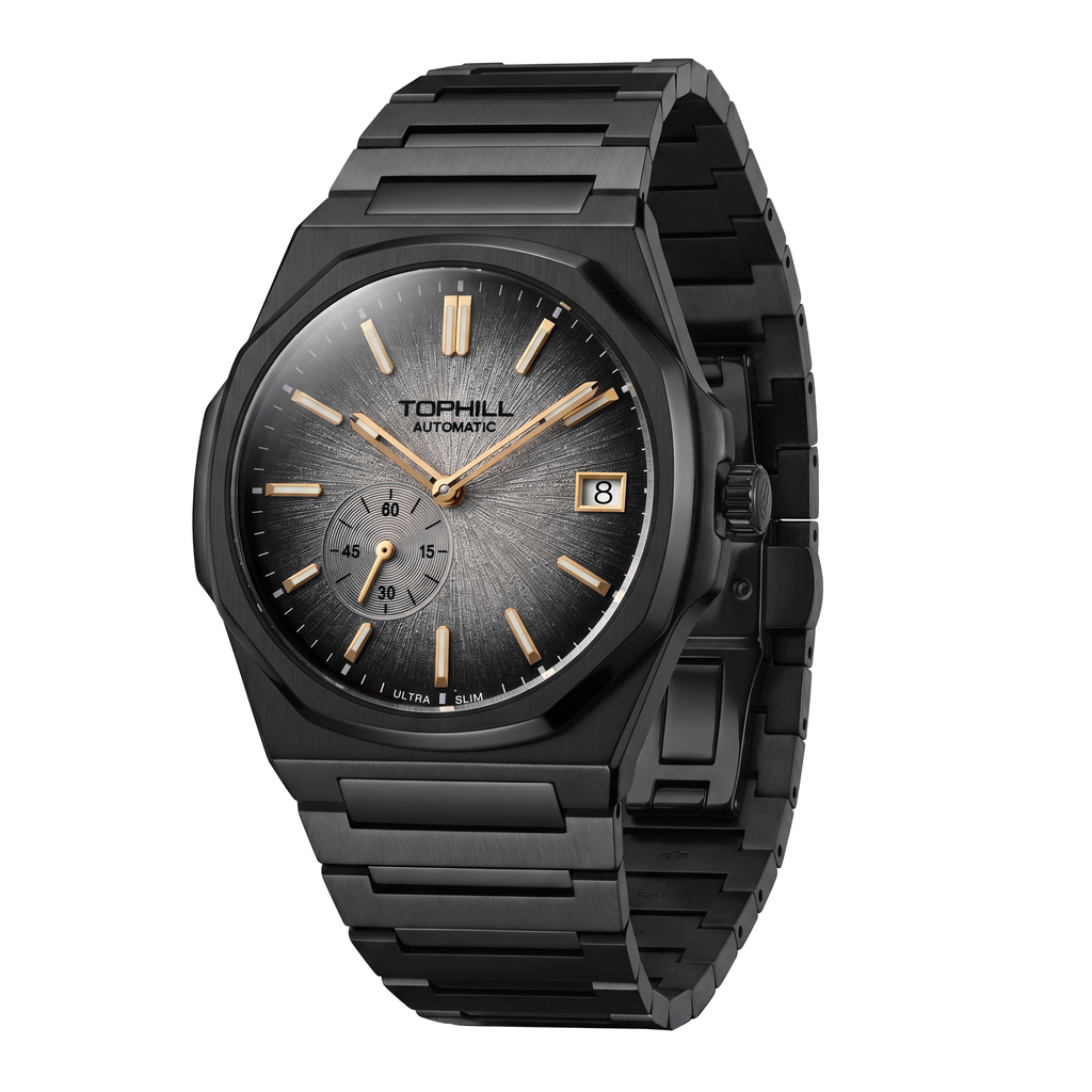 TOPHILL KIM Series Men's Automatic Watch 38.7mm Ultra-Slim 9mm Dress Watch Sunburst Dial Small Seconds Date Window Sapphire Crystal 5ATM Waterproof Stainless Steel Bracelet Mechanical Wristwatch Kim001 tophillwatch.com