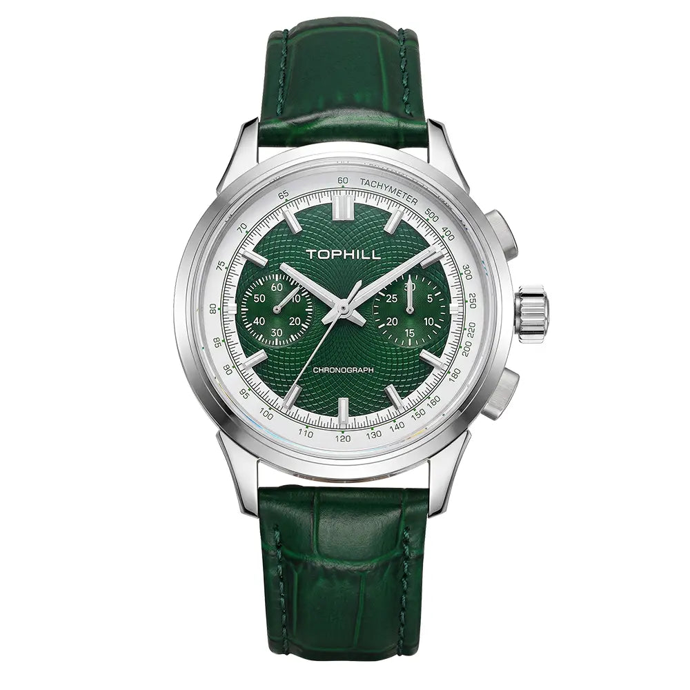TOPHILL Mechanical Watch for Men, 40mm Stainless Steel Case, Manual-Wind Seagull ST1901 Movement, Sapphire Crystal, Leather Strap, Green Luminous Dial, TL030G tophillwatch.com
