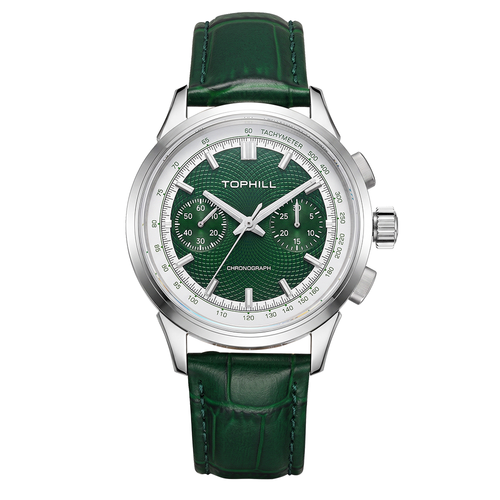 TOPHILL Mechanical Watch for Men, 40mm Stainless Steel Case, Manual-Wind Seagull ST1901 Movement, Sapphire Crystal, Leather Strap, Green Luminous Dial, TL030G