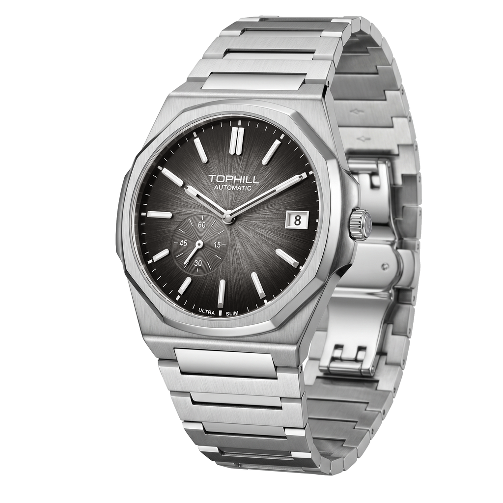 TOPHILL KIM Series Men's Automatic Watch 38.7mm Ultra-Slim 9mm Dress Watch Sunburst Dial Small Seconds Date Window Sapphire Crystal 5ATM Waterproof Stainless Steel Bracelet Mechanical Wristwatch Kim001 tophillwatch.com