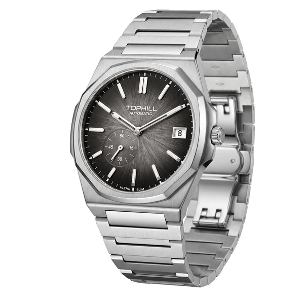 TOPHILL KIM Series Men's Automatic Watch 38.7mm Ultra-Slim 9mm Dress Watch Sunburst Dial Small Seconds Date Window Sapphire Crystal 5ATM Waterproof Stainless Steel Bracelet Mechanical Wristwatch Kim001 tophillwatch.com