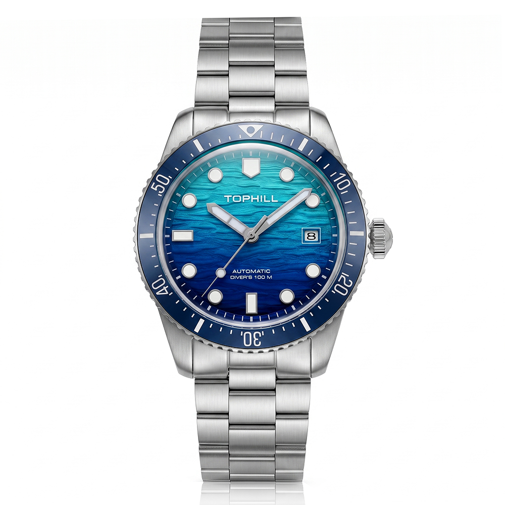 TOPHILL Automatic Diver Watch for Men, 39.5mm Stainless Steel Mechanical Watch with Ceramic Bezel, Sapphire Coated K1 Glass, 100M Waterproof, Japanese Miyota 8215 Movement,TD017G