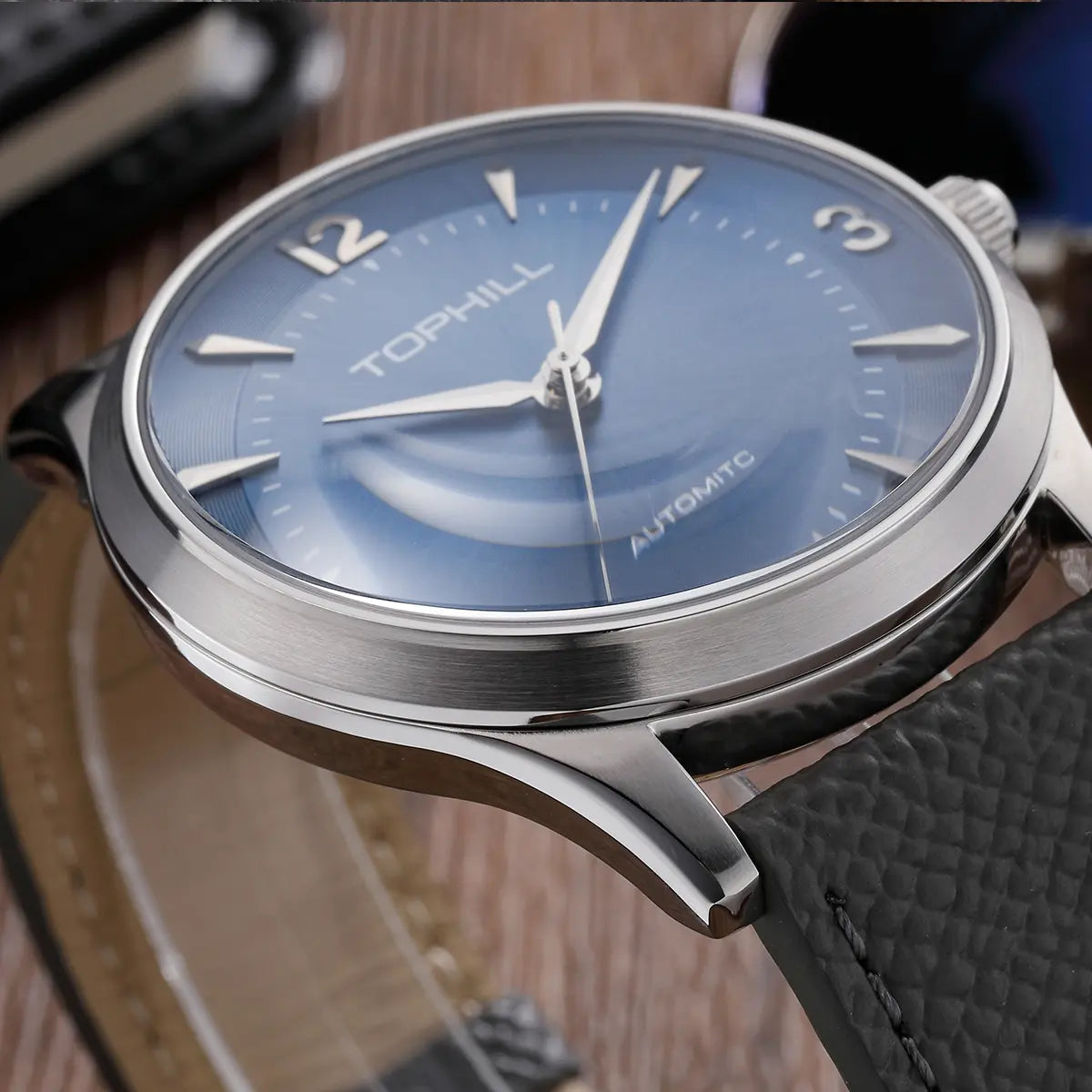 TOPHILL Men's Automatic Mechanical Watch, 42mm 304L Stainless Steel Case, Sunray Dial with Arabic Numerals, Single-Domed Sapphire Crystal, Top Grain Leather Strap, TW111G tophillwatch.com