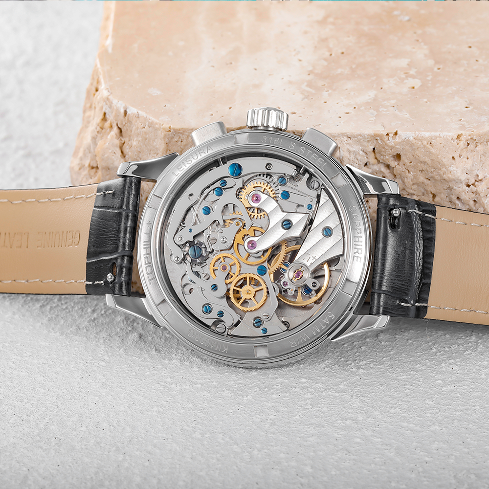 TOPHILL Men's Chronograph Watch Hand-Winding Mechanical Power Reserve Stainless Steel Case Genuine Dress Wristwatch Waterproof Kim003G