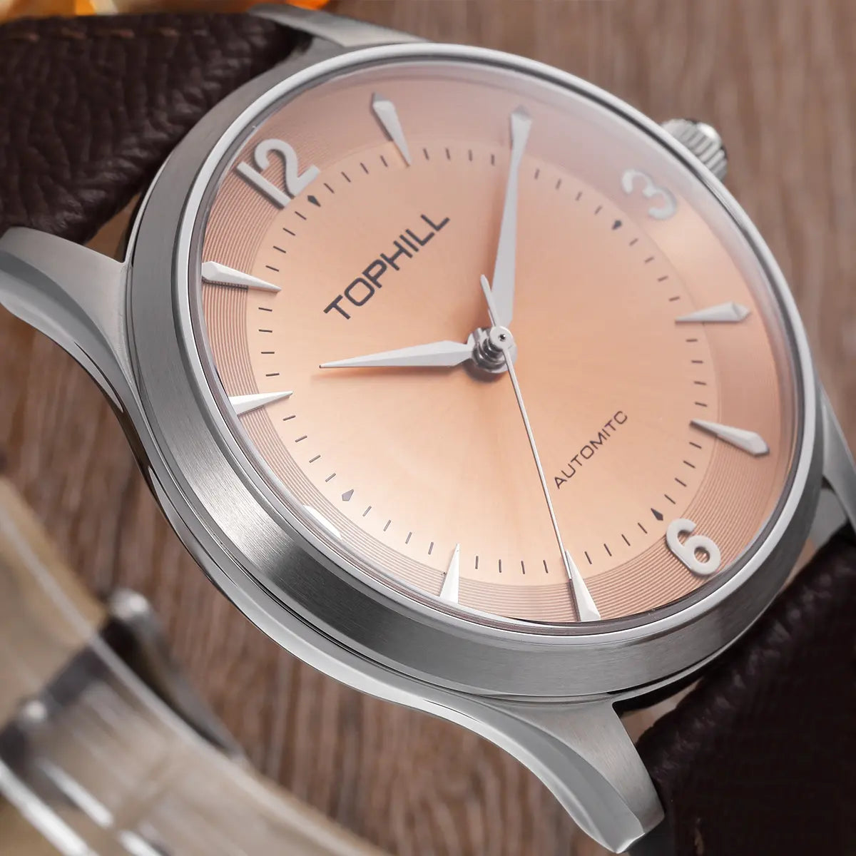 TOPHILL Men's Automatic Mechanical Watch, 42mm 304L Stainless Steel Case, Sunray Dial with Arabic Numerals, Single-Domed Sapphire Crystal, Top Grain Leather Strap, TW111G tophillwatch.com