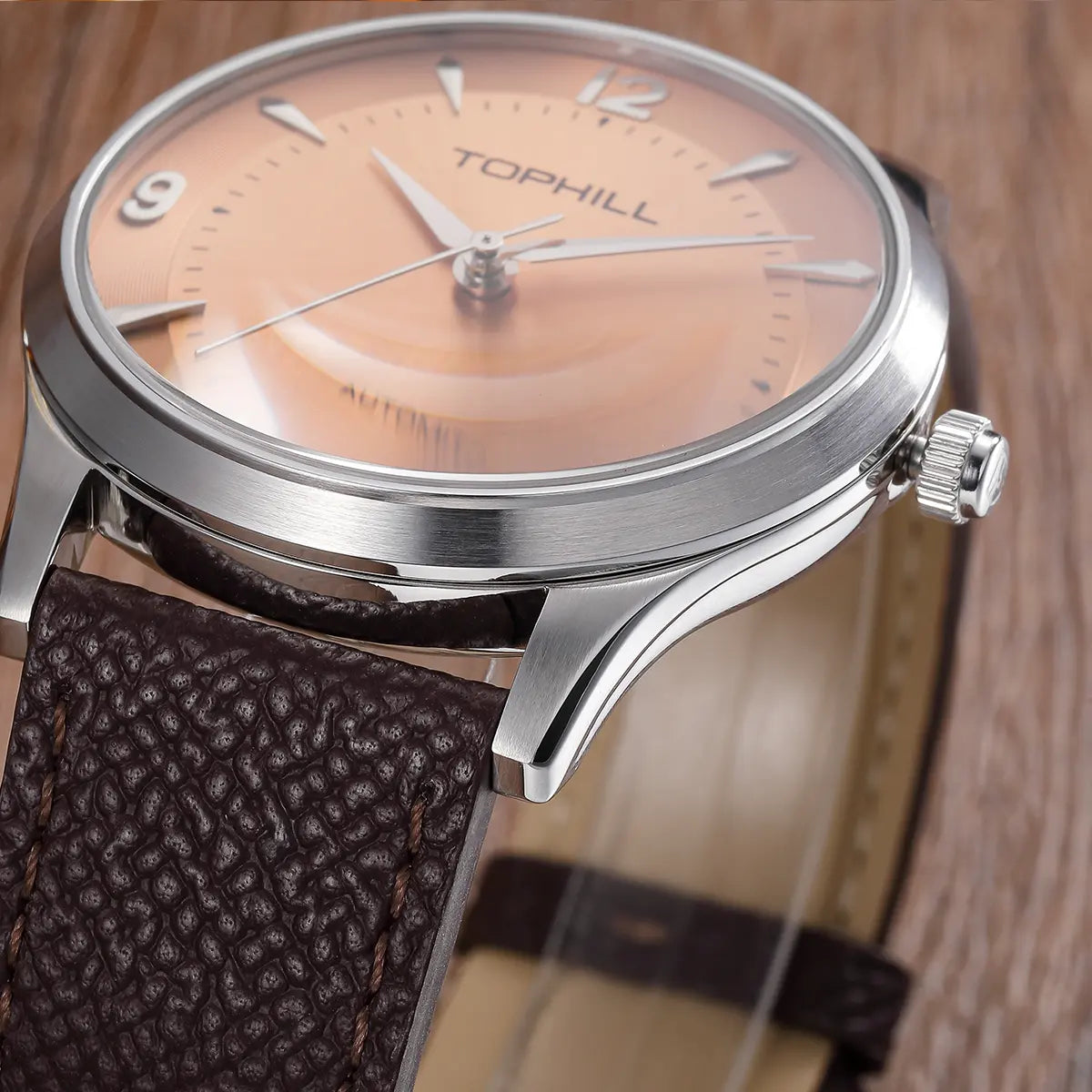 TOPHILL Men's Automatic Mechanical Watch, 42mm 304L Stainless Steel Case, Sunray Dial with Arabic Numerals, Single-Domed Sapphire Crystal, Top Grain Leather Strap, TW111G tophillwatch.com