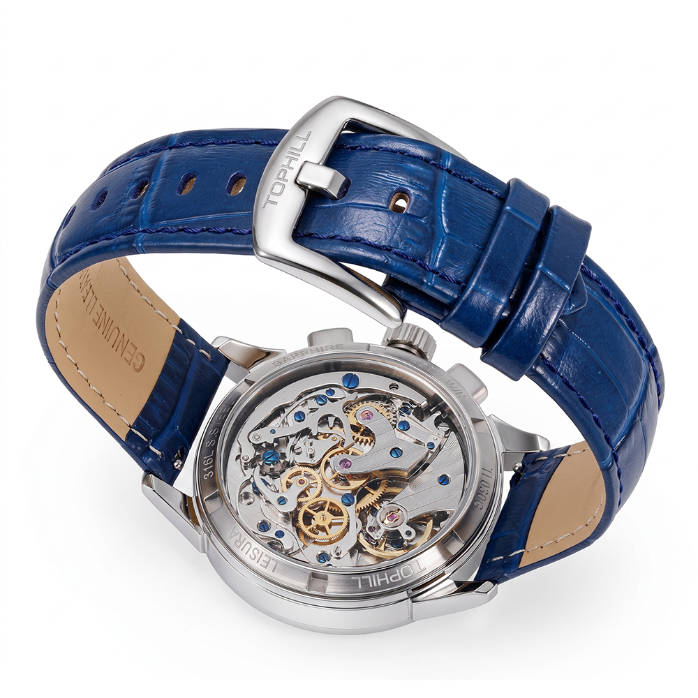 TOPHILL Mechanical Watch for Men, 40mm Stainless Steel Case, Manual-Wind Seagull ST1901 Movement, Sapphire Crystal, Leather Strap, Green Luminous Dial, TL030G