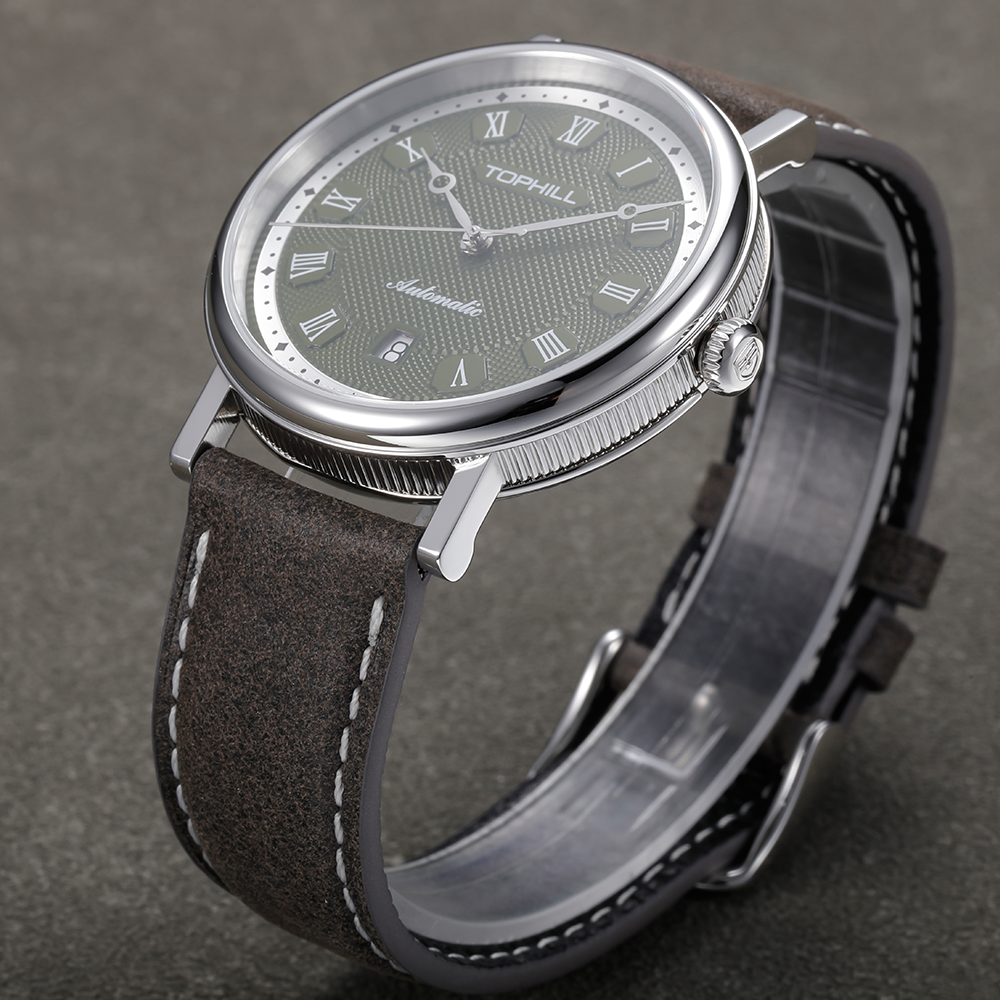TOPHILL Men's Automatic Mechanical Watch – Miyota 9015 Movement, Sapphire Crystal, 40mm 316L Stainless Steel Case, Genuine Leather Strap, 5ATM Waterproof,TW109G