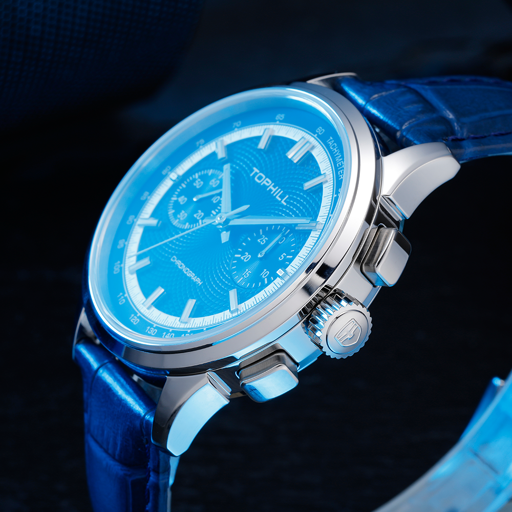 TOPHILL Mechanical Watch for Men, 40mm Stainless Steel Case, Manual-Wind Seagull ST1901 Movement, Sapphire Crystal, Leather Strap, Green Luminous Dial, TL030G