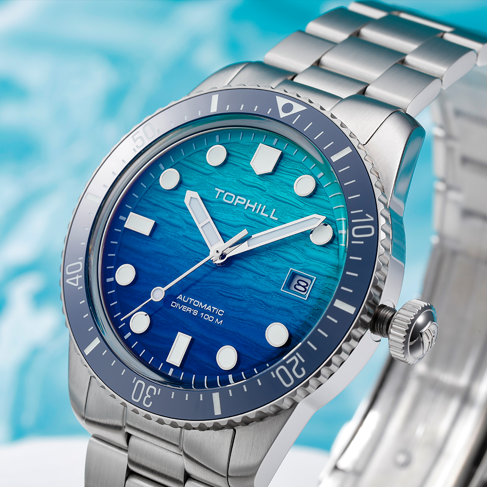 TOPHILL Automatic Diver Watch for Men, 39.5mm Stainless Steel Mechanical Watch with Ceramic Bezel, Sapphire Coated K1 Glass, 100M Waterproof, Japanese Miyota 8215 Movement,TD017G