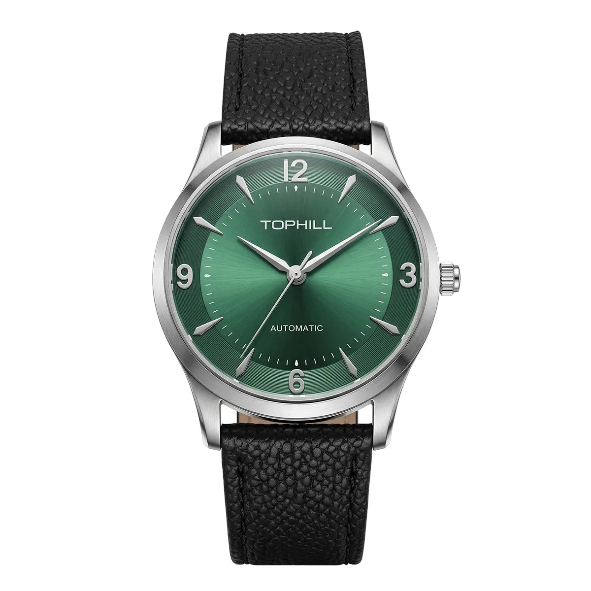 TOPHILL Men's Automatic Mechanical Watch, 42mm 304L Stainless Steel Case, Sunray Dial with Arabic Numerals, Single-Domed Sapphire Crystal, Top Grain Leather Strap, TW111G tophillwatch.com