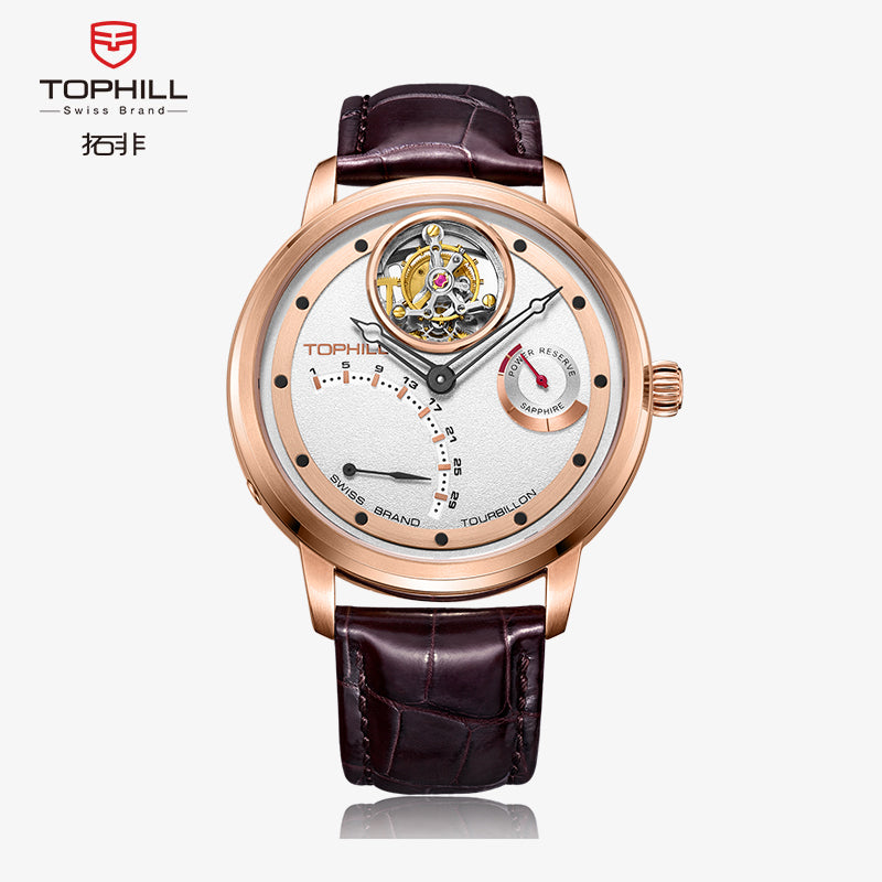 TOPHILL Men's Tourbillon Automatic Mechanical Watch 42.5mm Sapphire Crystal Leather Strap 5ATM Waterproof Retrograde Date Power Reserve Display Luxury Watch TU009G tophillwatch.com