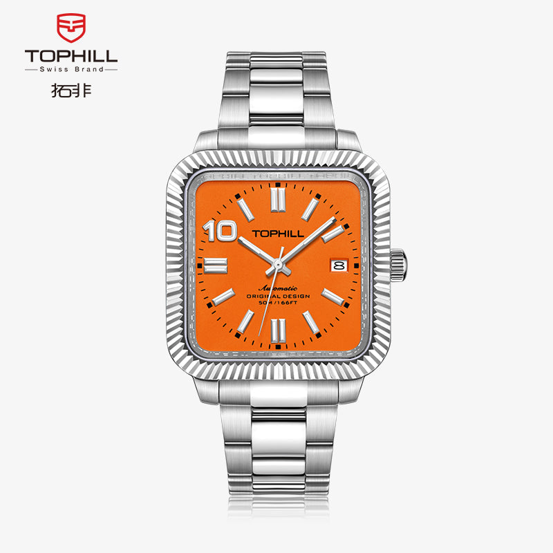 TOPHILL Men's Square Automatic Mechanical Watch - 38.5mm 316L Steel, Sunray Dial, 10 o'clock Hour Marker, Date Display, Solid Steel Band, 50M Water Resistant, Dress Business Watch tophillwatch.com