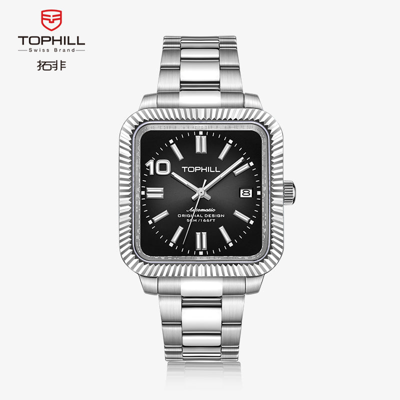 TOPHILL Men's Square Automatic Mechanical Watch - 38.5mm 316L Steel, Sunray Dial, 10 o'clock Hour Marker, Date Display, Solid Steel Band, 50M Water Resistant, Dress Business Watch tophillwatch.com