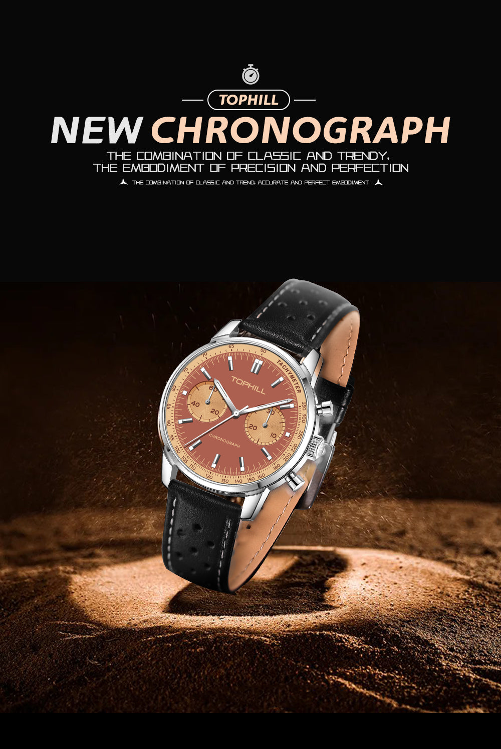 TOPHILL Seagull 1963 Chronograph Watch for Men|ST1901 Hand-Winding Mechanical Movement|40mm Vintage Racing Watch|Sapphire Crystal|316L Stainless Steel Case|5ATM Waterproof|Genuine Leather Strap with Milanese Band tophillwatch.com