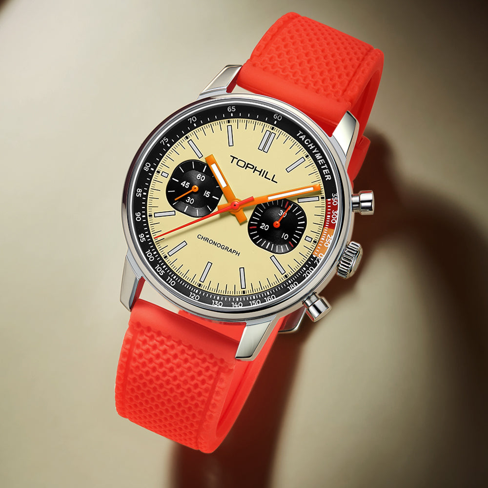 TOPHILL Men's Hand-Wound Chronograph - 40mm 316L Steel, Seagull ST1901 Movement, Sapphire Glass, Tachymeter Bezel, Silicone Band, Super-Luminova, Mechanical Racing Watch tophillwatch.com
