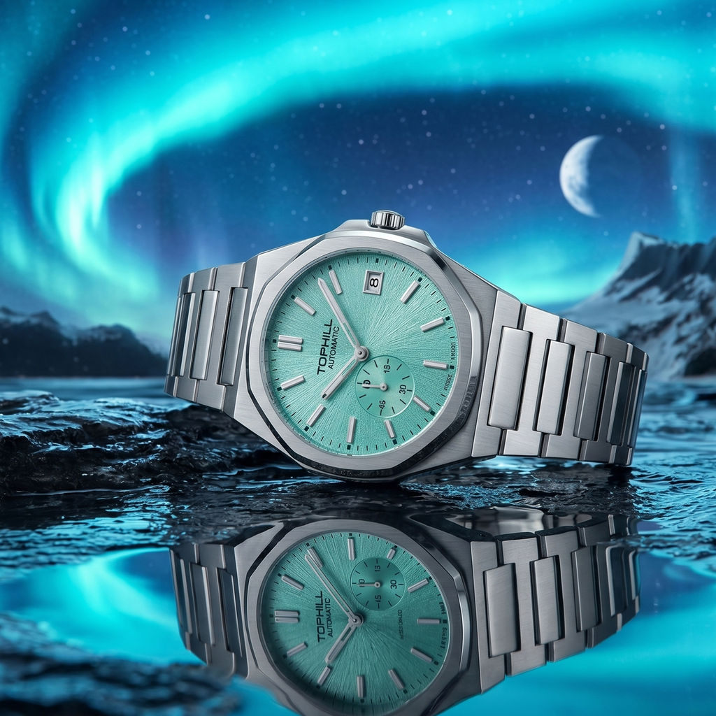 TOPHILL KIM Series Men's Automatic Watch 38.7mm Ultra-Slim 9mm Dress Watch Sunburst Dial Small Seconds Date Window Sapphire Crystal 5ATM Waterproof Stainless Steel Bracelet Mechanical Wristwatch Kim001 tophillwatch.com
