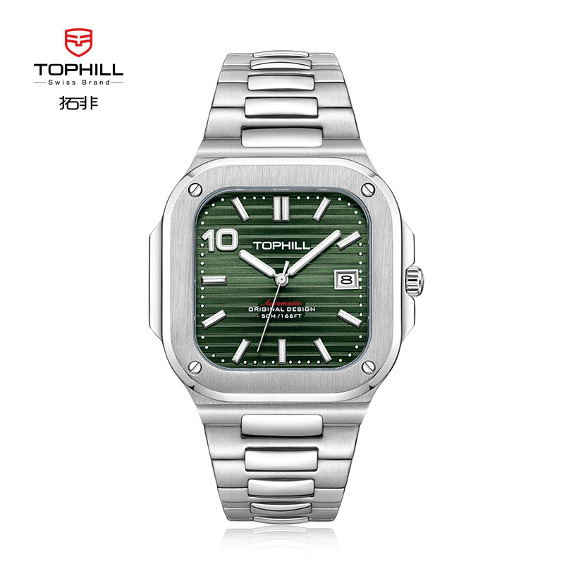 TOPHILL Men's Square Automatic Watch - 39mm 316L Steel Case & Bracelet, Date Window, Sapphire Glass, 5ATM Water Resistant, Butterfly Clasp, Luxury Sports Watch tophillwatch.com
