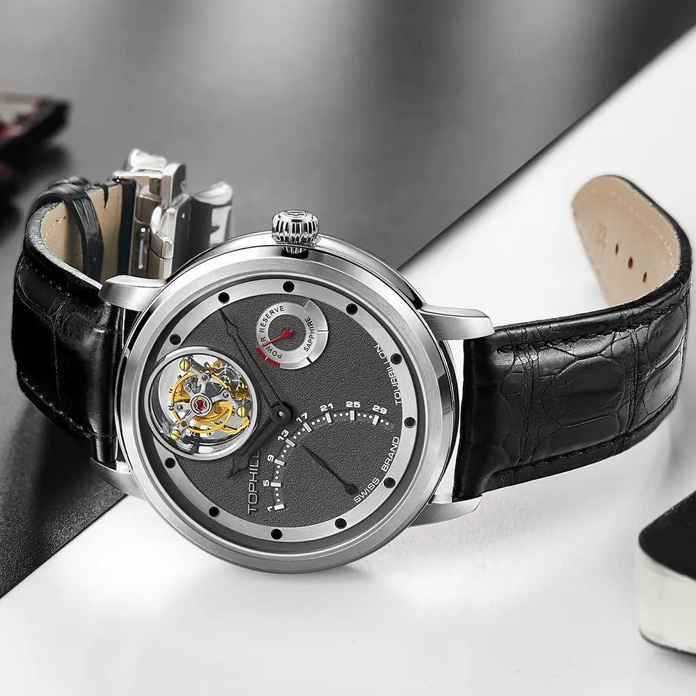 TOPHILL Men's Tourbillon Automatic Mechanical Watch 42.5mm Sapphire Crystal Leather Strap 5ATM Waterproof Retrograde Date Power Reserve Display Luxury Watch TU009G tophillwatch.com
