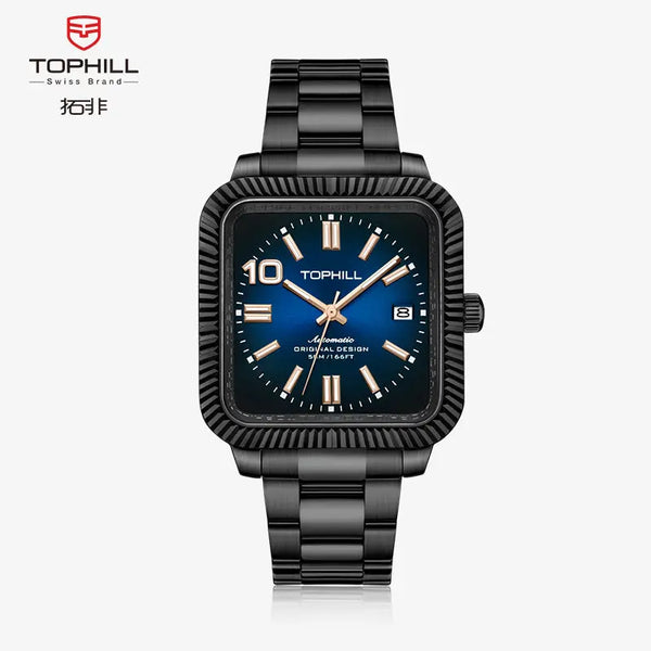 TOPHILL Men's Square Automatic Mechanical Watch - 38.5mm 316L Steel, Sunray Dial, 10 o'clock Hour Marker, Date Display, Solid Steel Band, 50M Water Resistant, Dress Business Watch