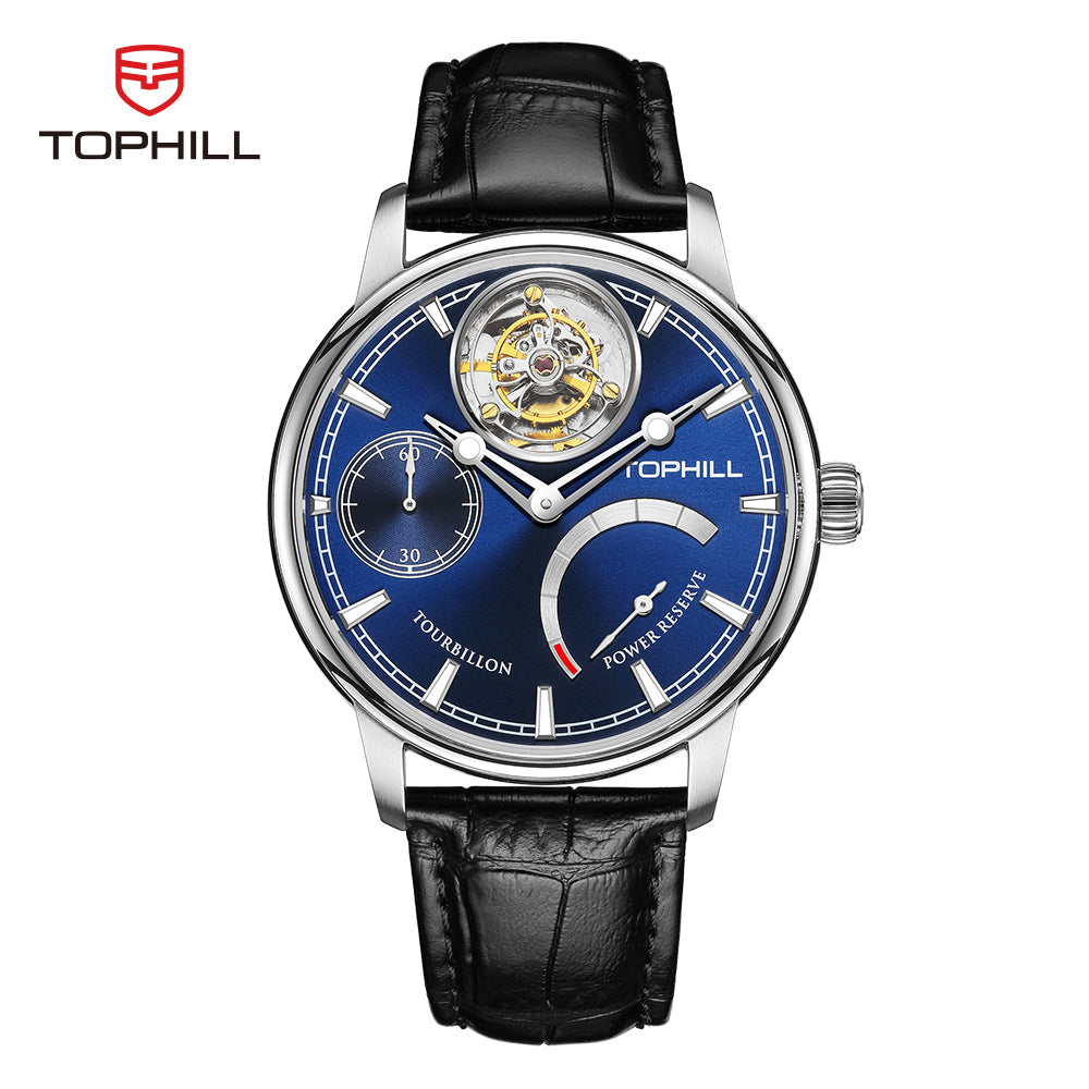 TOPHILL Men's Tourbillon Automatic Mechanical Watch 43.7mm Sapphire Crystal Leather Strap 5ATM Waterproof Kinetic Energy Reserve Display Luxury Dress Watch TU013G tophillwatch.com