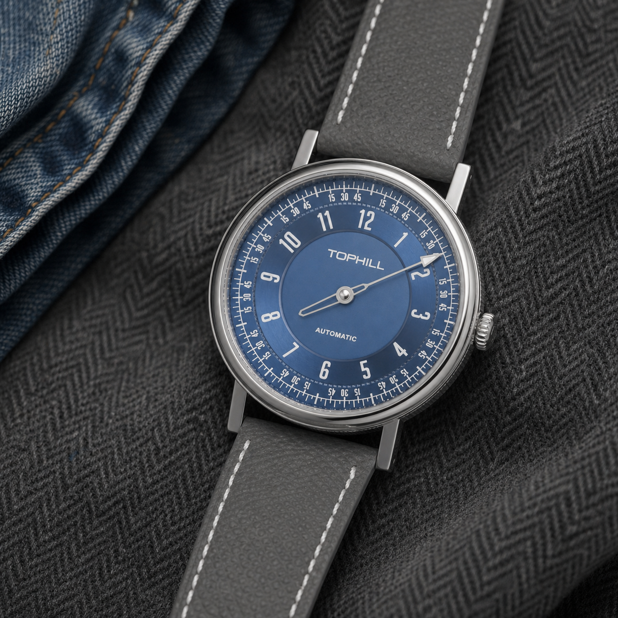 TOPHILL One-Hand Automatic Watch for Men, 40mm Miyota 9039 Movement, Sapphire Crystal, 316L Stainless Steel, 5ATM Waterproof, Genuine Leather Strap KIM002G
