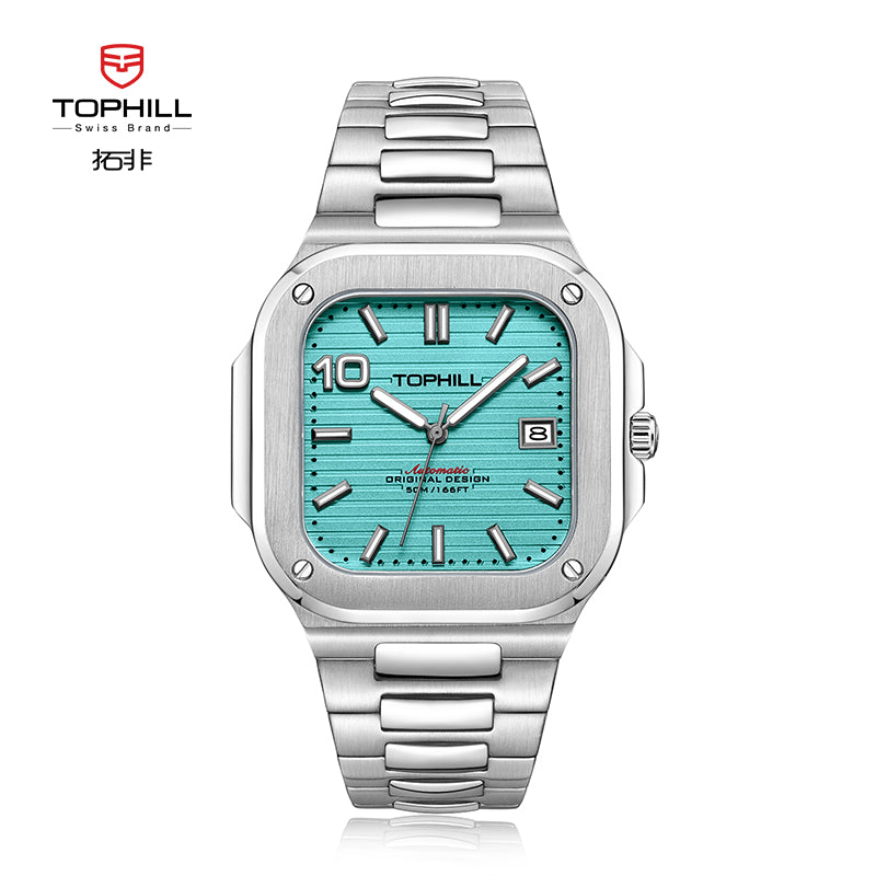 TOPHILL Men's Square Automatic Watch - 39mm 316L Steel Case & Bracelet, Date Window, Sapphire Glass, 5ATM Water Resistant, Butterfly Clasp, Luxury Sports Watch tophillwatch.com