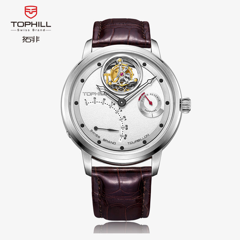 TOPHILL Men's Tourbillon Automatic Mechanical Watch 42.5mm Sapphire Crystal Leather Strap 5ATM Waterproof Retrograde Date Power Reserve Display Luxury Watch TU009G tophillwatch.com